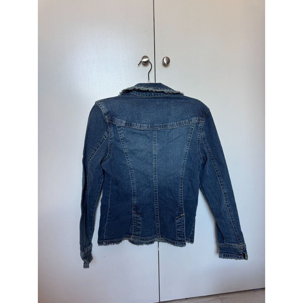 Live a little size small cotton frayed slim fit denim moto jacket button up